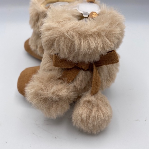 Stepping Stones Sz 1 (0-3mo)Brown Furry Baby Boots Moccasins Faux Suede Pom Poms - Picture 5 of 9